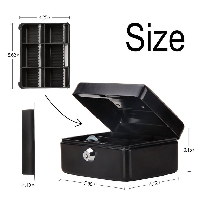 Decaller Small Cash Box with Key Lock, Decaller Portable Metal Money Box with Double Layer & 2 Keys for Security, Black, 6" x 4 4/5" x 3 1/5", QH1509XS - Image 3